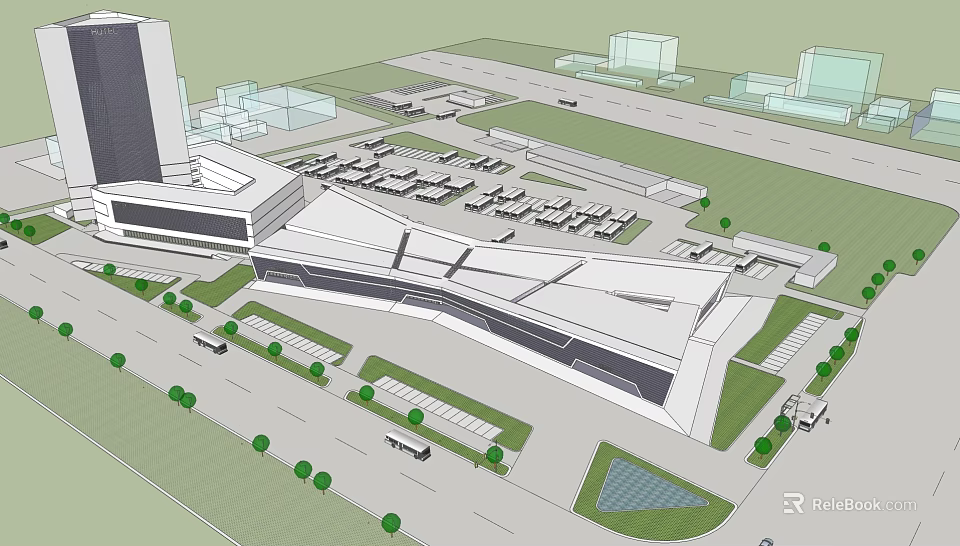 Modern Architectural Complex With Parking Lot Green Landscaping And Plaza 3d model 