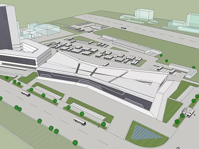 Modern Architectural Complex With Parking Lot Green Landscaping And Plaza 3d model