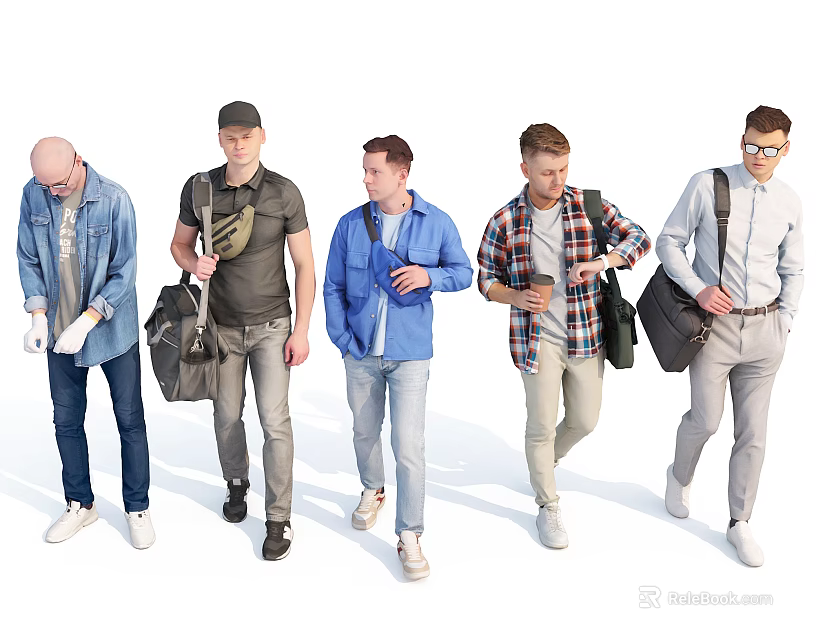 Group of Men Walking Together Wearing Different Casual Clothing Styles With Backpacks 3d model 