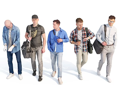 Group of Men Walking Together Wearing Different Casual Clothing Styles With Backpacks 3d model