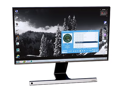 Samsung Computer Monitor with Desktop Display Snowy Mountain Trees Background and Open Software Interface 3d model