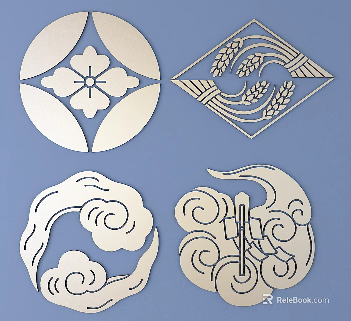 Traditional Artistic Carved Patterns With Circular Diamond Shapes And Floral Wheat Cloud Motifs 3d model 