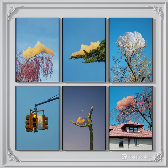 Collage of Scenes Featuring Cloud Shapes Trees Traffic Light And House 3d model