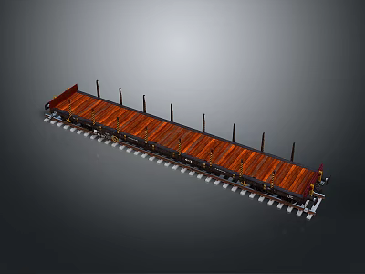 Train Flatbed Freight Car With Wooden Deck And Metal Poles For Cargo Transport 3d model