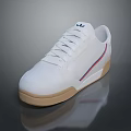 White Sneakers With Brown Sole Red And Blue Side Stripe And Brand Logo On Tongue