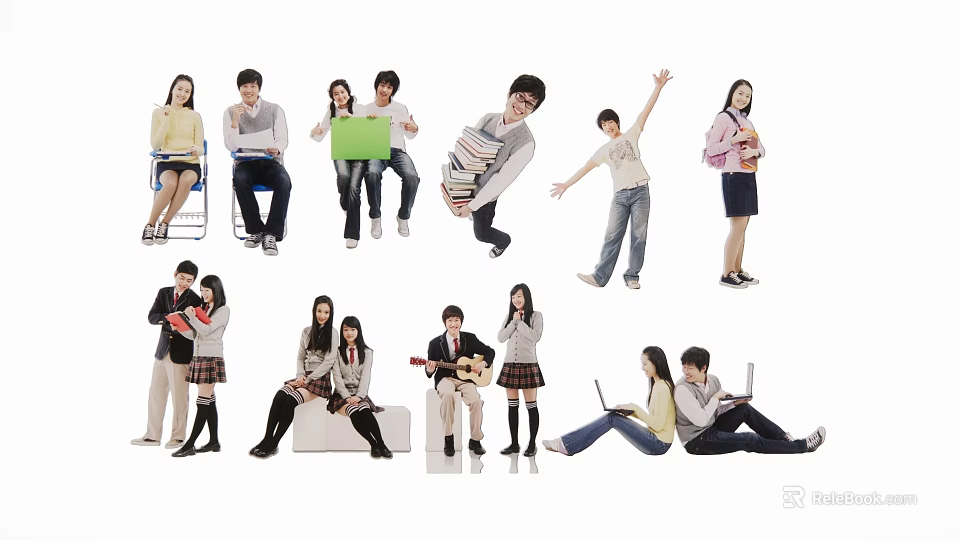 Diverse group of students interacting studying with laptops holding books and playing guitar 3d model 