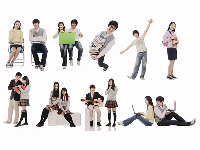 Diverse group of students interacting studying with laptops holding books and playing guitar 3d model