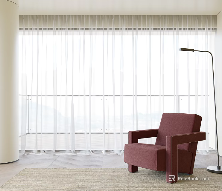 White Sheer Curtains In Modern Living Area With Purple Armchair And Floor Lamp 3d model 