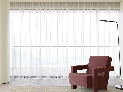 White Sheer Curtains In Modern Living Area With Purple Armchair And Floor Lamp 3d model
