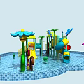 Colorful Water Playground Equipment with Slides Yellow Roofs Green Structures and Blue Pool