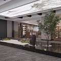 Elegant Tea House Interior With Marble Floor Wooden Counter Chandelier And Display Shelves