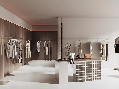 Modern Clothing Store Interior With Hanging Clothes On Racks And Display Counter 3d model