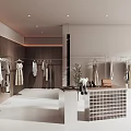 Modern Clothing Store Interior With Hanging Clothes On Racks And Display Counter
