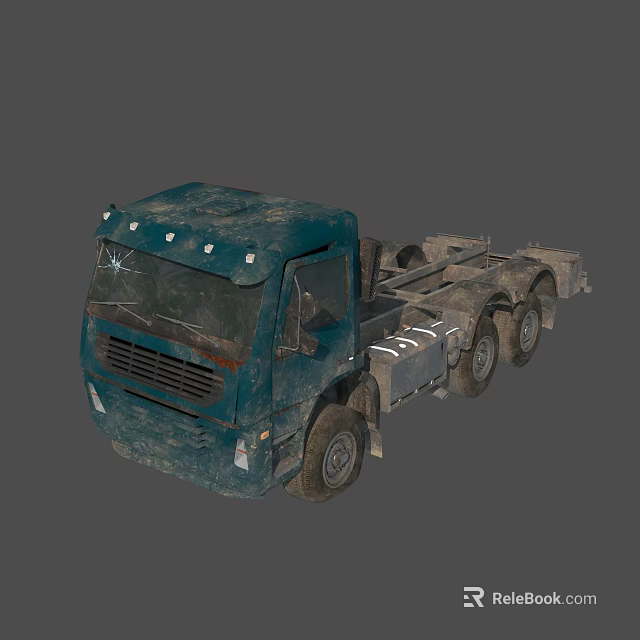 Blue Rusty Semi Truck With Worn Body And Multiple Wheels Industrial Design 3d model 