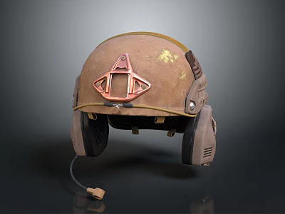 Brown Tactical Helmet With Red Triangular Attachment Worn Surface And Ear Cups 3d model