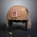 Brown Tactical Helmet With Red Triangular Attachment Worn Surface And Ear Cups 3d model