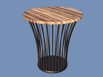 Modern Round Side Table With Striped Wooden Top And Radiant Metal Base 3d model