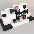 Music Stage Display with Sign Speakers Vinyl Record Sound Wave Graphics and White Black Blocks