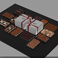 Assorted Chocolate Pieces with Gift Boxes and Red Ribbons on Blue Surface 3d model