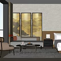 Modern Chinese Style Hotel Guest Room With Golden Mountain Pattern Screen Sofa And Coffee Table