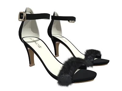 Women's Black High Heel Shoes With Ankle Strap And Fur Trim Design 3d model