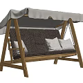 Wooden Frame Swing Chair With White Canopy Dark Seat And Light Cushions