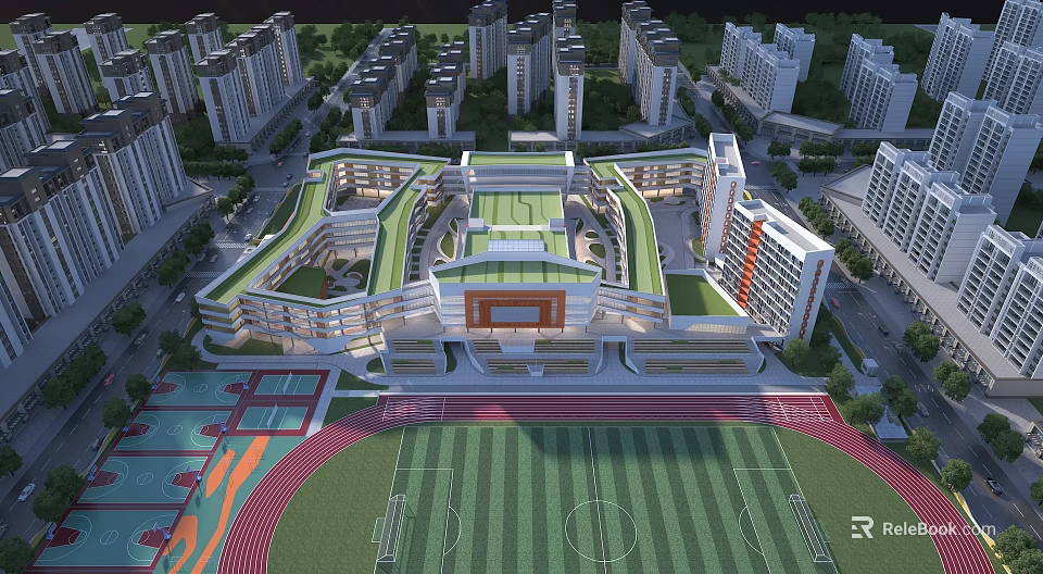 Modern School Building Campus Design With Green Roof Football Field And Running Track 3d model 
