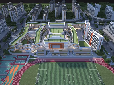 Modern School Building Campus Design With Green Roof Football Field And Running Track 3d model