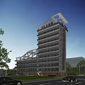 Modern Multi Storey Hospital Building Exterior With Glass Curtain Walls Red Signage And Trees