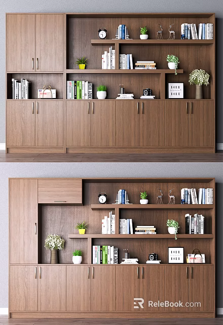 Wooden Modern Bookcase With Open Shelves Books Potted Plants And Decorative Figurines 3d model 