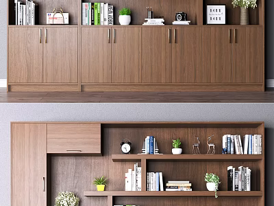 Wooden Modern Bookcase With Open Shelves Books Potted Plants And Decorative Figurines 3d model
