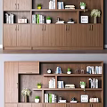 Wooden Modern Bookcase With Open Shelves Books Potted Plants And Decorative Figurines