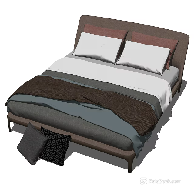 Double Bed with Headboard and Layered Bedspread White Brown Pillows and Accent Cushions 3d model 