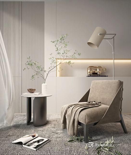 Beige Fabric Accent Chair With Side Table Floor Lamp And Plant In Modern Interior 3d model 