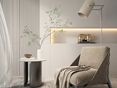 Beige Fabric Accent Chair With Side Table Floor Lamp And Plant In Modern Interior 3d model