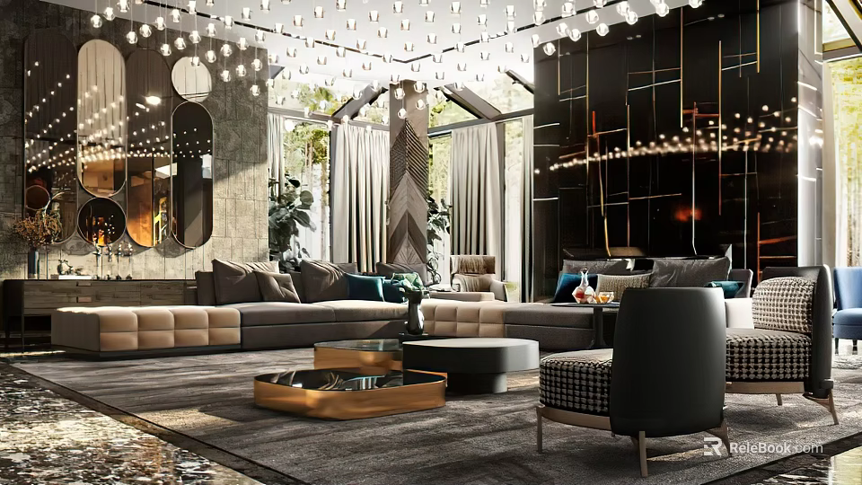 Luxurious Modern Living Room Interior With Large Sofa Crystal Chandelier And Decorative Mirror 3d model 