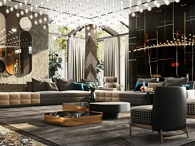 Luxurious Modern Living Room Interior With Large Sofa Crystal Chandelier And Decorative Mirror 3d model