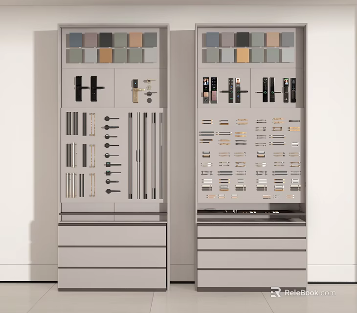 Door Handles Display Cabinet With Various Styles Designs And Hardware Accessories 3d model
