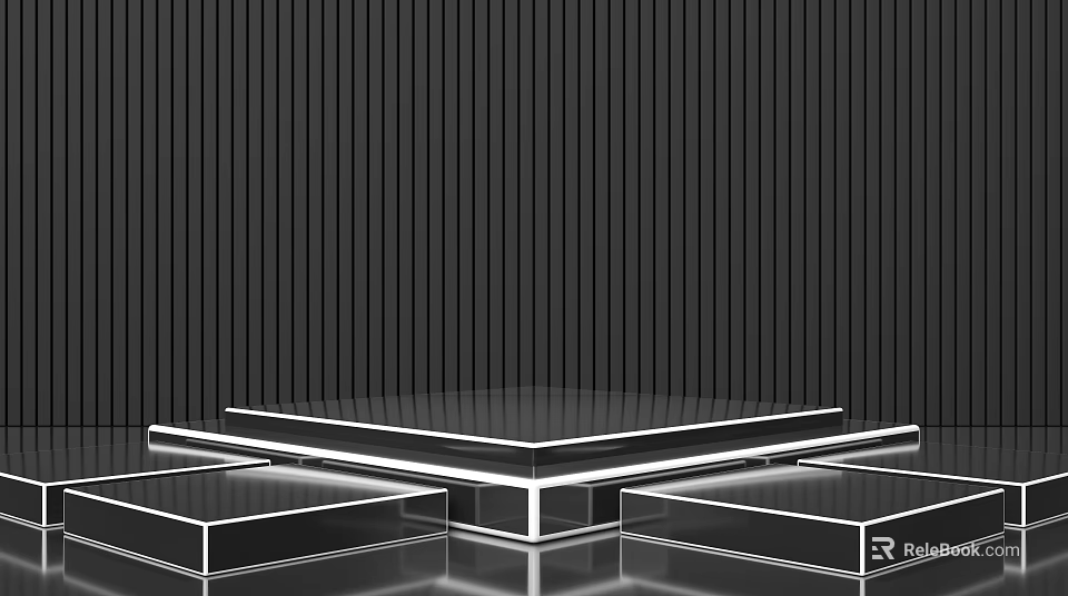 Modern Display Shelves With Lighting And Platforms On Black Vertical Striped Background 3d model 