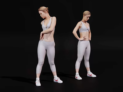 Two Women In White Activewear And Sneakers Posing For Fitness Against Black Background 3d model