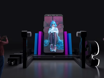 Smartphone Display Featuring Anime Character On Screen With Colorful Stand And Lighting 3d model