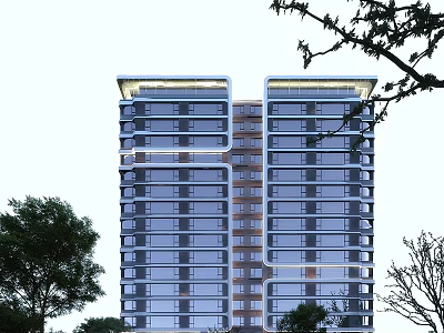 High Rise Modern Residential Building With Glass Curtain Wall Top Lighting And Tree Surroundings 3d model