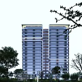 High Rise Modern Residential Building With Glass Curtain Wall Top Lighting And Tree Surroundings