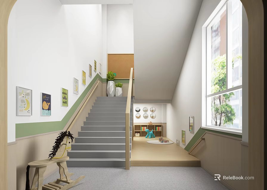 Bright Children's Activity Space With Gray Staircase Wall Paintings Green Plants And Wooden Rocking Horse 3d model 