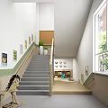 Bright Children's Activity Space With Gray Staircase Wall Paintings Green Plants And Wooden Rocking Horse