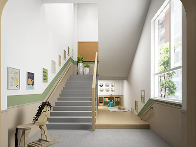 Bright Children's Activity Space With Gray Staircase Wall Paintings Green Plants And Wooden Rocking Horse 3d model