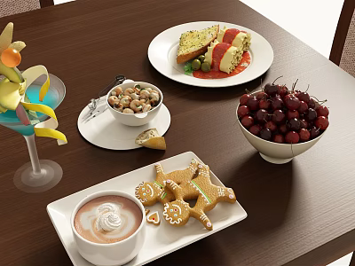 Assorted Delicious Food Spread With Sandwiches Nuts Cherries Coffee And Gingerbread Cookies 3d model