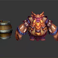 Cartoon Orange Horned Warrior Character With Decorative Armor And Wooden Barrel