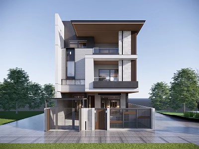 Modern Three Story Detached Villa Exterior With Balconies Large Windows And Green Trees 3d model