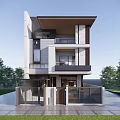 Modern Three Story Detached Villa Exterior With Balconies Large Windows And Green Trees